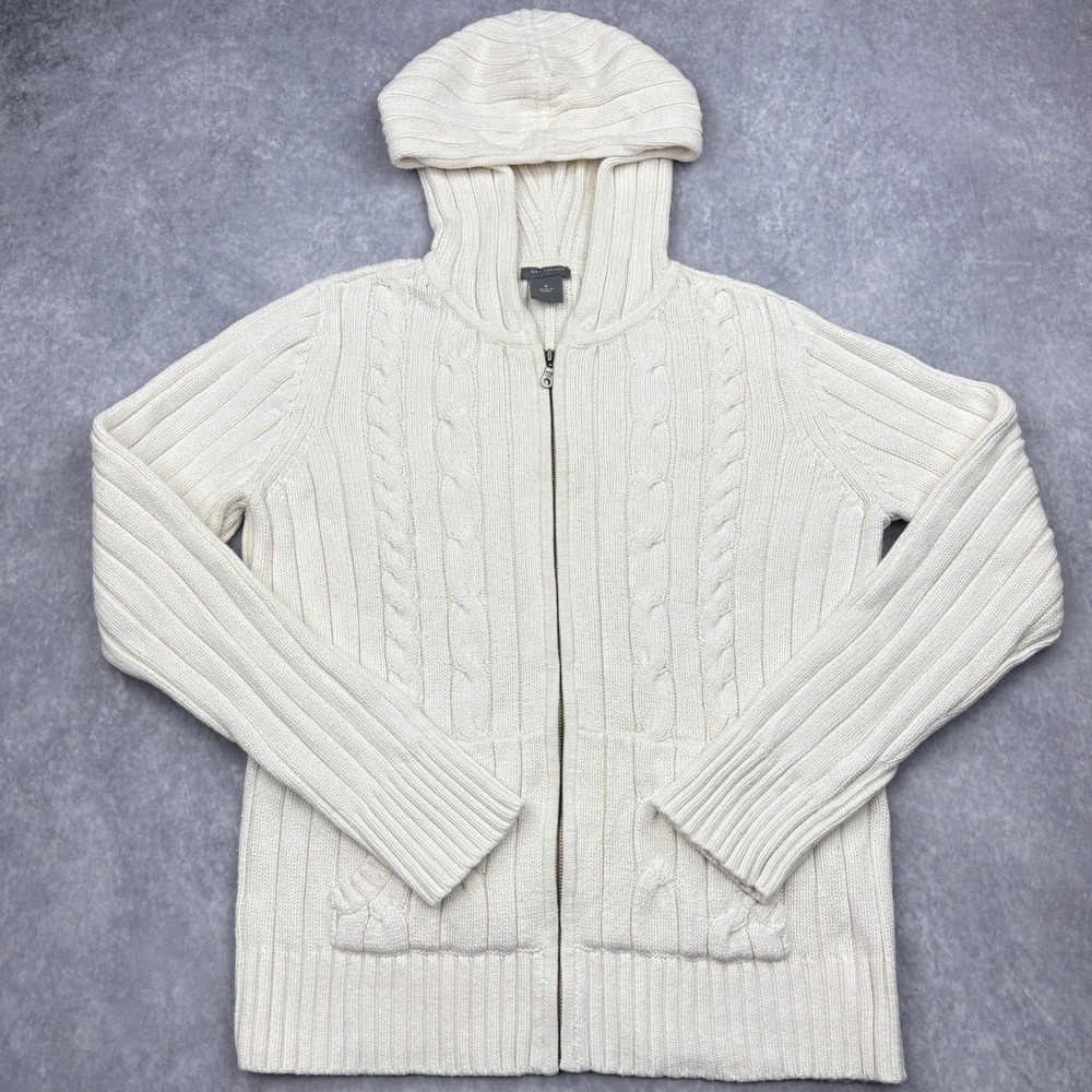Ann Taylor Sweater Womens Medium Ivory Cream Chunky Cable Knit Full Zip Hoodie